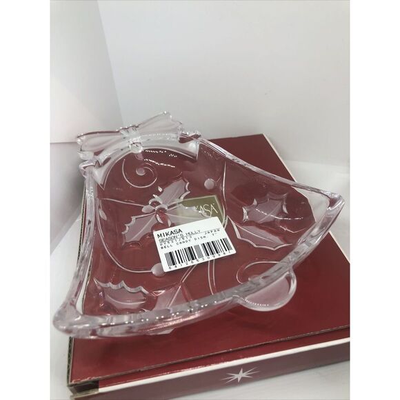 Mikasa WY521/513 Glass Bell Christmas Candy Dish Season's Holly 7" New - Picture 2 of 6